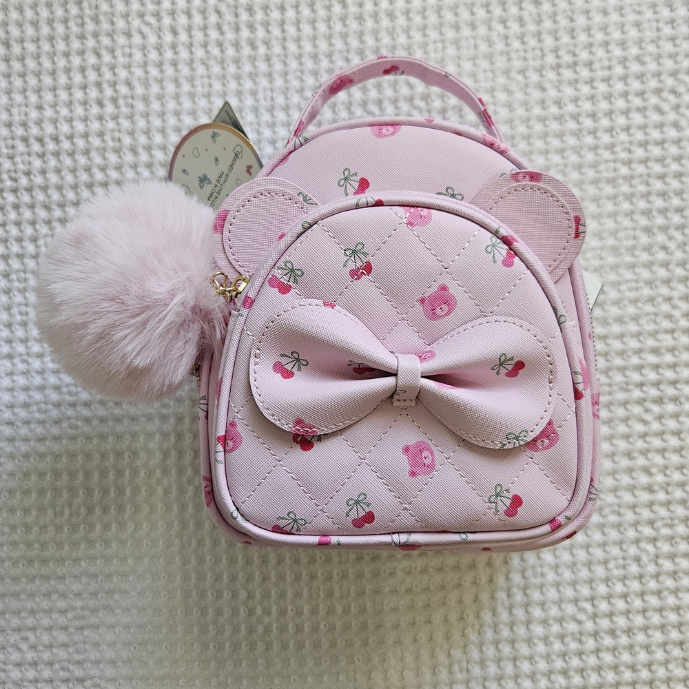 Chic Pink Floral Backpack with Bow and Pom Pom